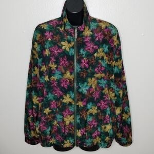VTG 80s 90s Teddi Women's XL Satin Bomber Jacket AOP Leaf Full Zip Shoulder Pads